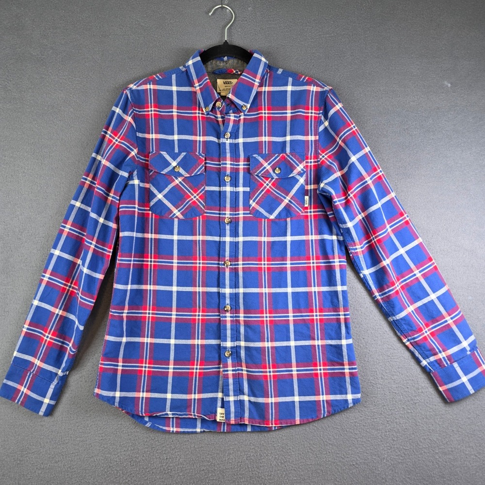 Vans Mens Blue Red Plaid Long Sleeve Button Down Flannel Shirt Small